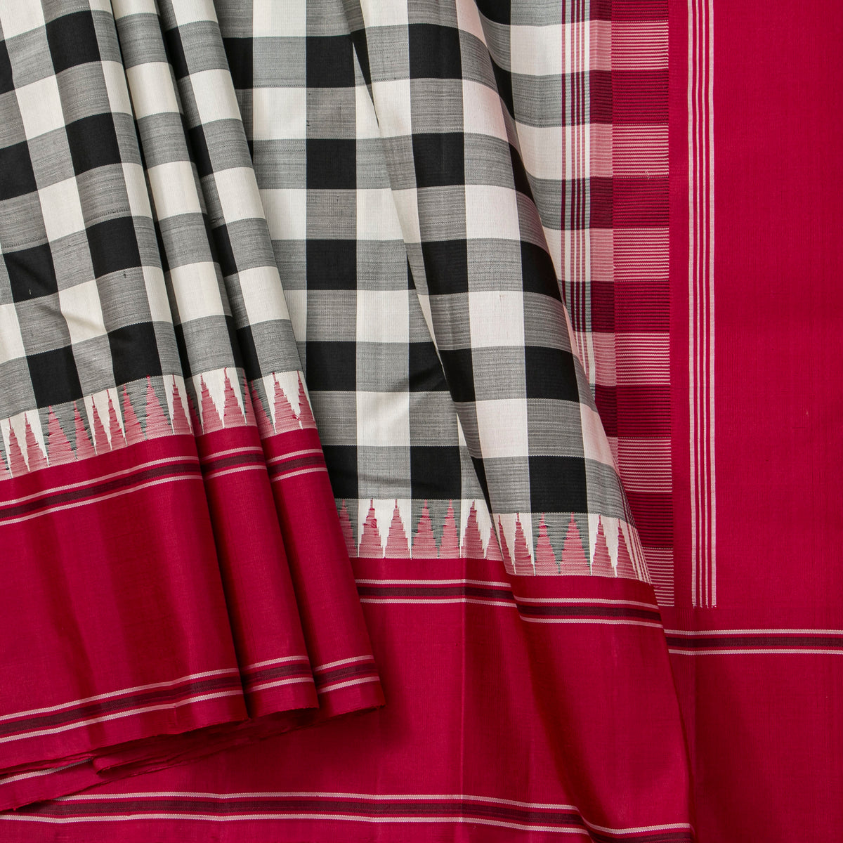 Black And White Checks No Zari Kanchipuram Silk Saree For Festive Wear PV NYC 2071
