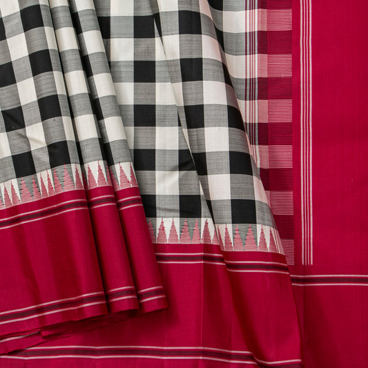 Black And White Checks No Zari Kanchipuram Silk Saree For Festive Wear PV NYC 2071