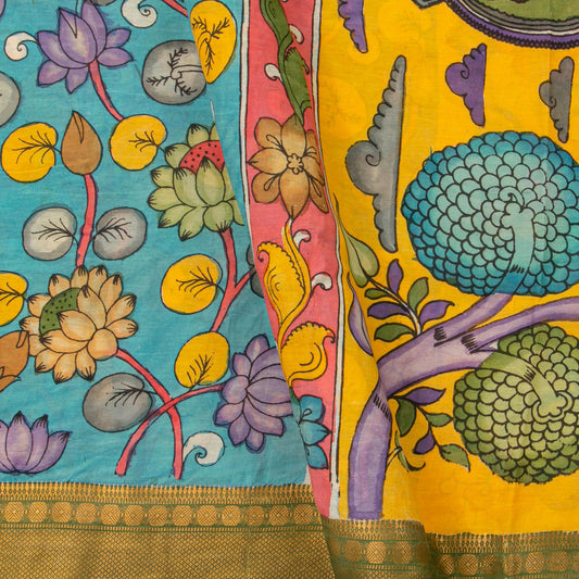 `Blue And Yellow Handpainted Kalamkari Mangalgiri Silk Saree With Krishna Leela Theme PK MS 79