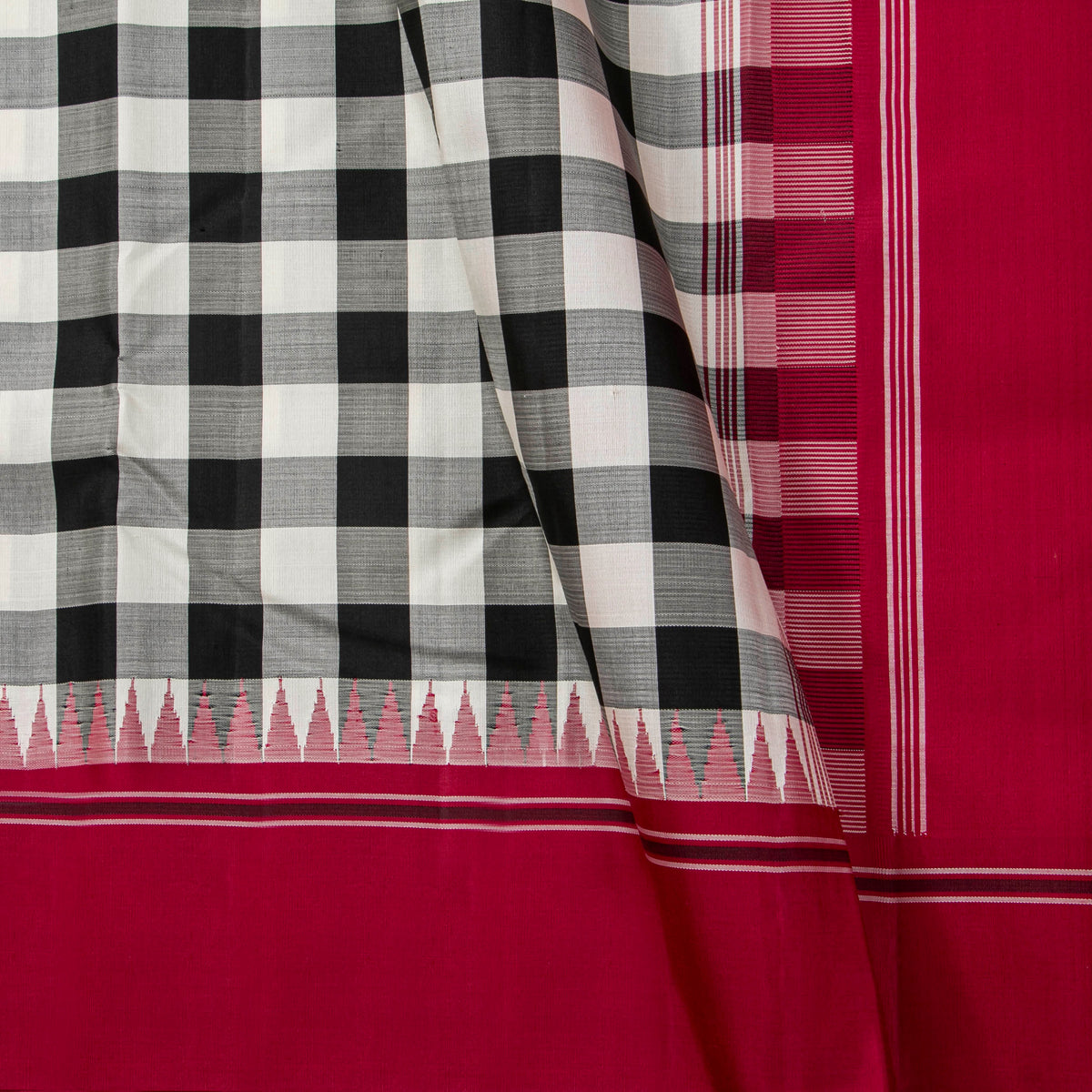 Black And White Checks No Zari Kanchipuram Silk Saree For Festive Wear PV NYC 2071