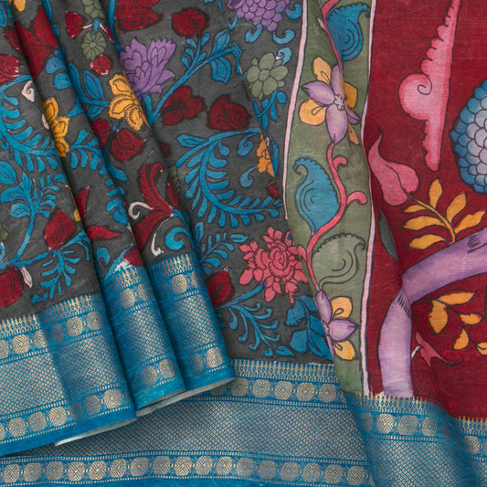 Nandavanam Themed Dark Green And Blue Handpainted Kalamkari Mangalgiri Silk Saree For Festive Wear PK MS 78