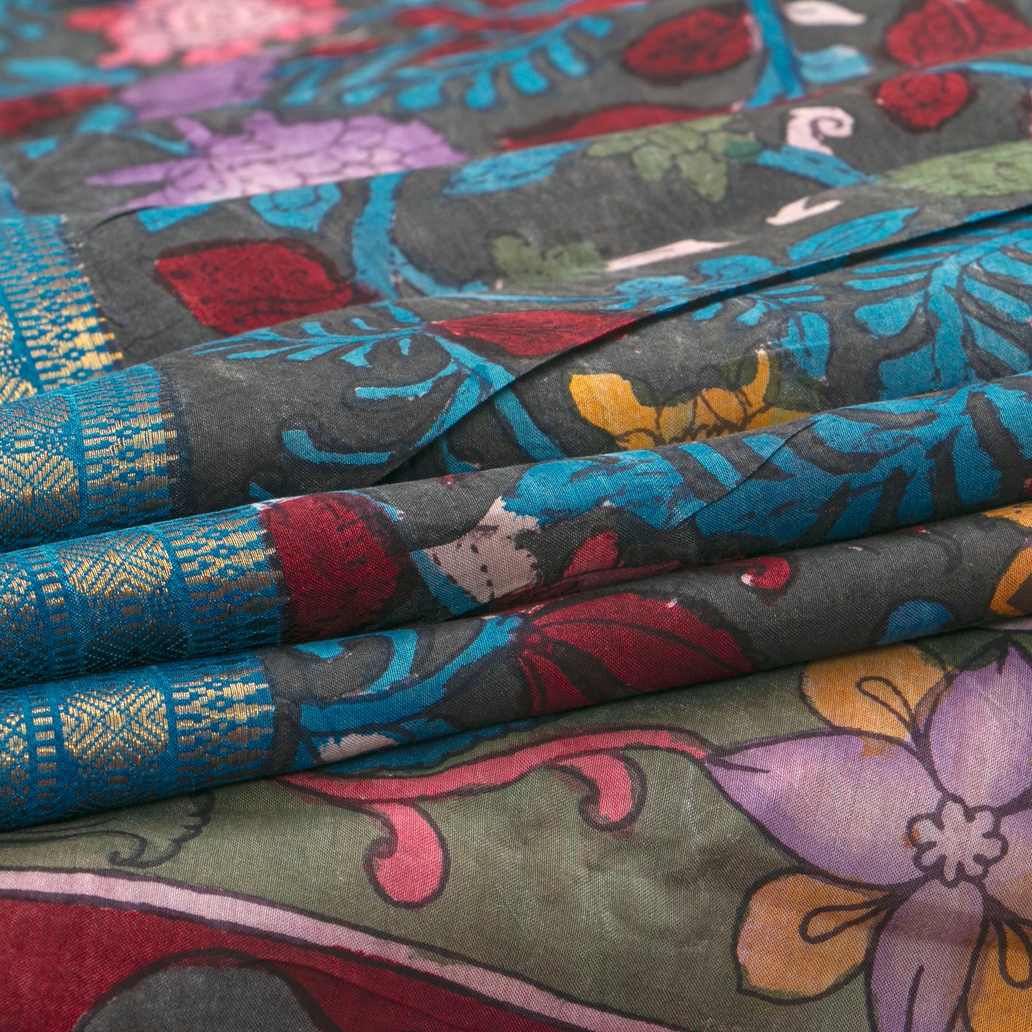 Nandavanam Themed Dark Green And Blue Handpainted Kalamkari Mangalgiri Silk Saree For Festive Wear PK MS 78