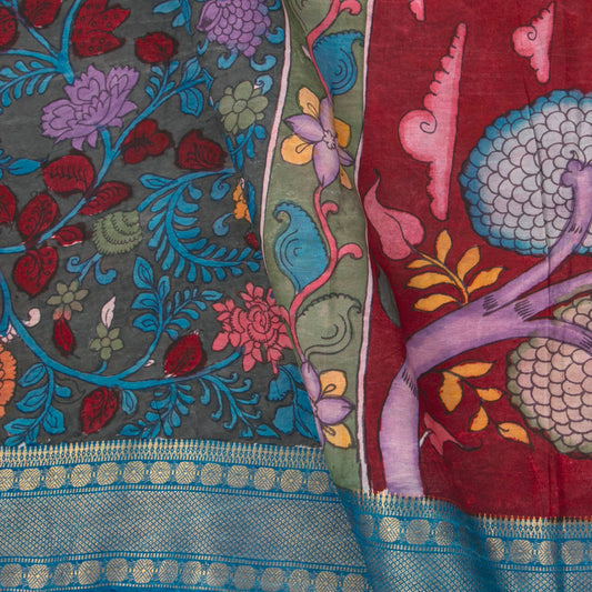 Nandavanam Themed Dark Green And Blue Handpainted Kalamkari Mangalgiri Silk Saree For Festive Wear PK MS 78