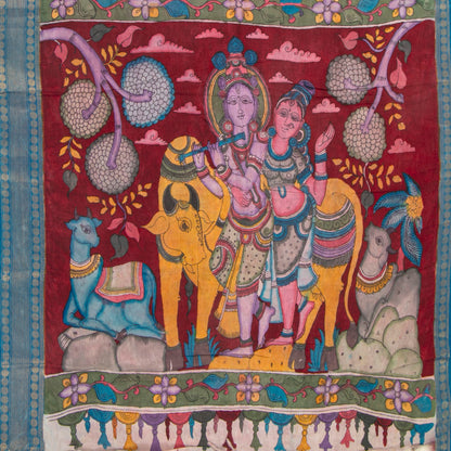 Nandavanam Themed Dark Green And Blue Handpainted Kalamkari Mangalgiri Silk Saree For Festive Wear PK MS 78