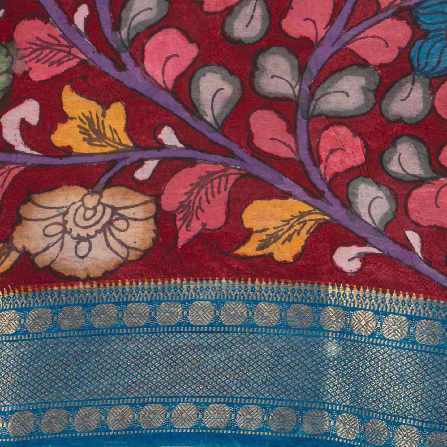 Nandavanam Themed Dark Green And Blue Handpainted Kalamkari Mangalgiri Silk Saree For Festive Wear PK MS 78