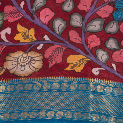 Nandavanam Themed Dark Green And Blue Handpainted Kalamkari Mangalgiri Silk Saree For Festive Wear PK MS 78