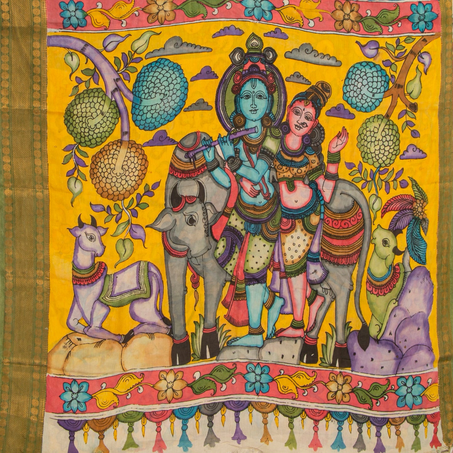 `Blue And Yellow Handpainted Kalamkari Mangalgiri Silk Saree With Krishna Leela Theme PK MS 79