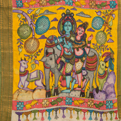 `Blue And Yellow Handpainted Kalamkari Mangalgiri Silk Saree With Krishna Leela Theme PK MS 79