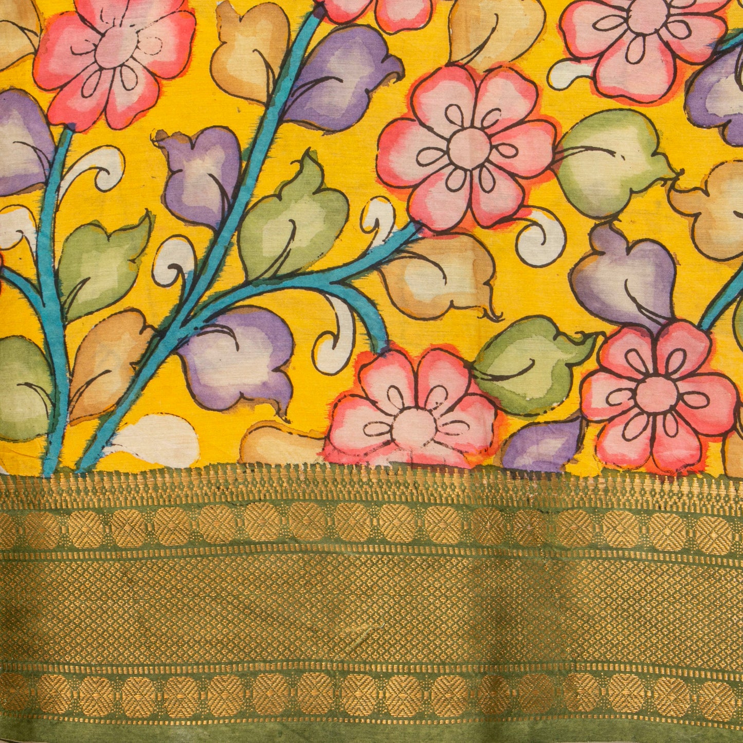 `Blue And Yellow Handpainted Kalamkari Mangalgiri Silk Saree With Krishna Leela Theme PK MS 79