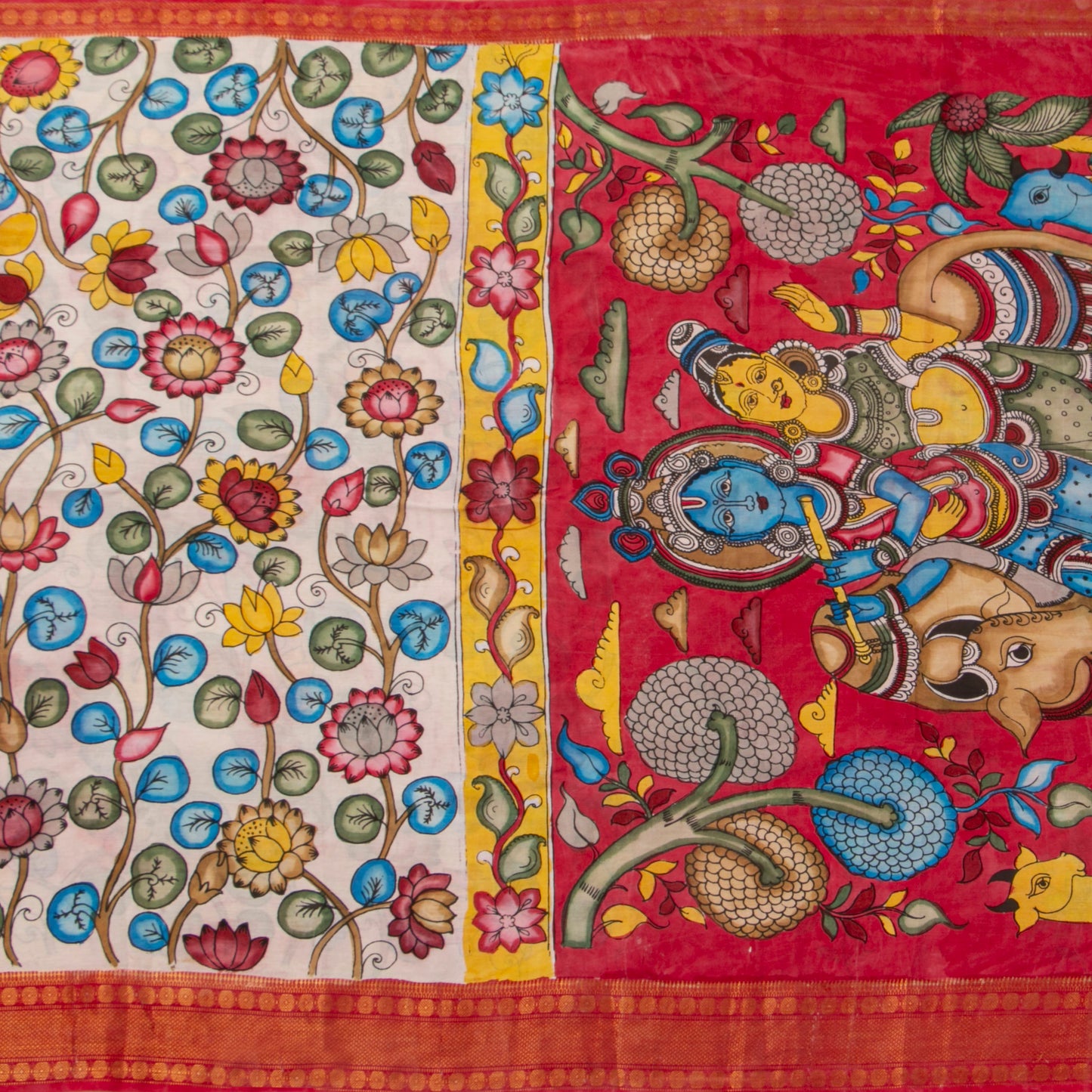 Off White And Red Kalamkari Mangalgiri Silk Saree For Festive Wear PK MS 80