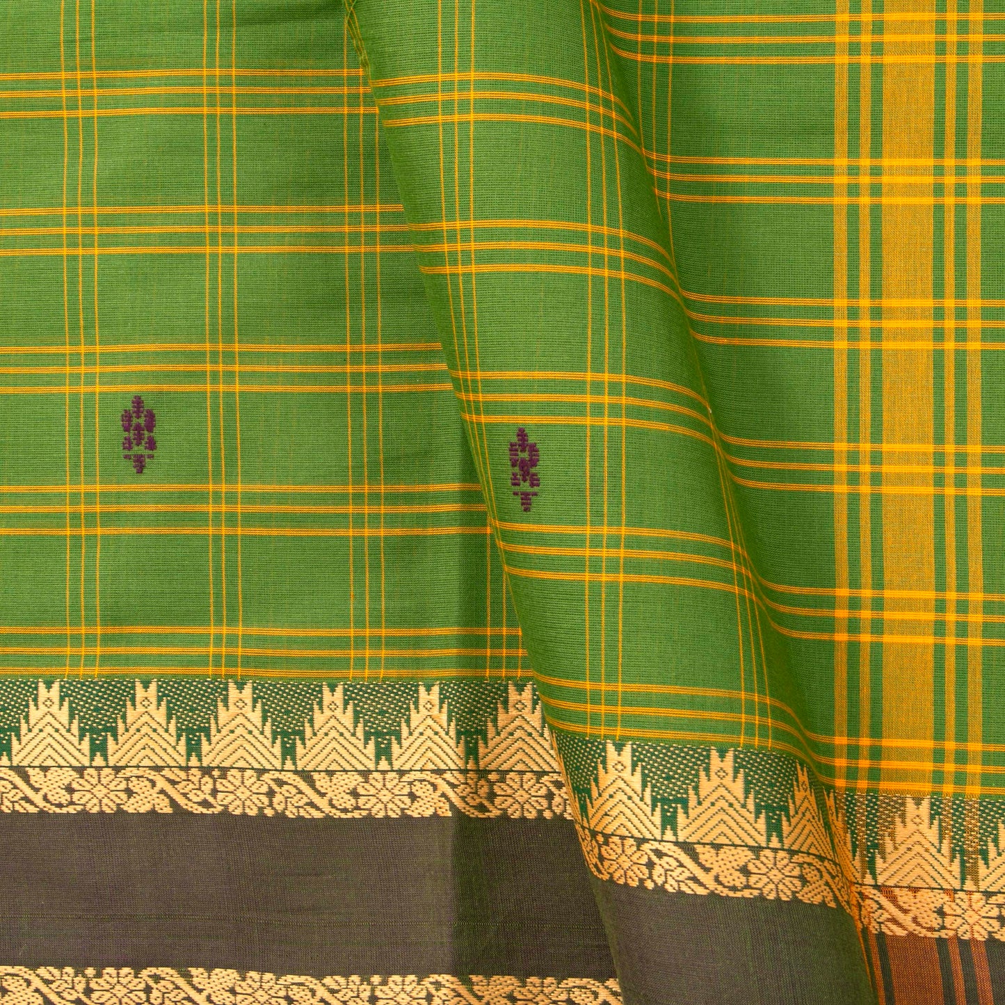Green And Brown Handwoven Chettinad Cotton Saree With ZARI For Summer Wear PV SK CC 255