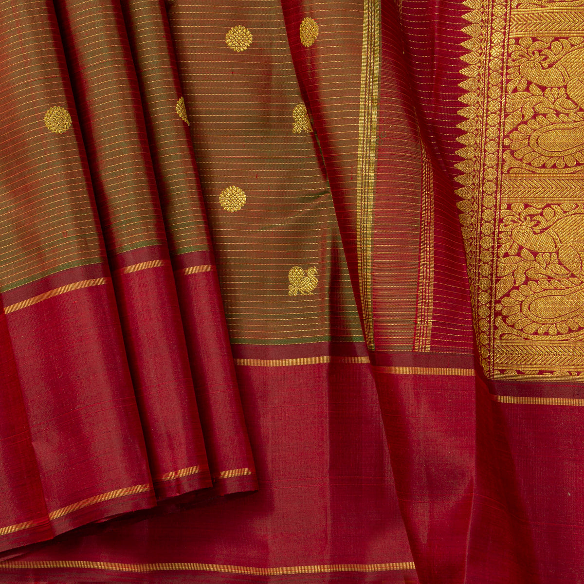 Manthulir Green And Red Kanchipuram Silk Saree For Festive Wear PV 2067