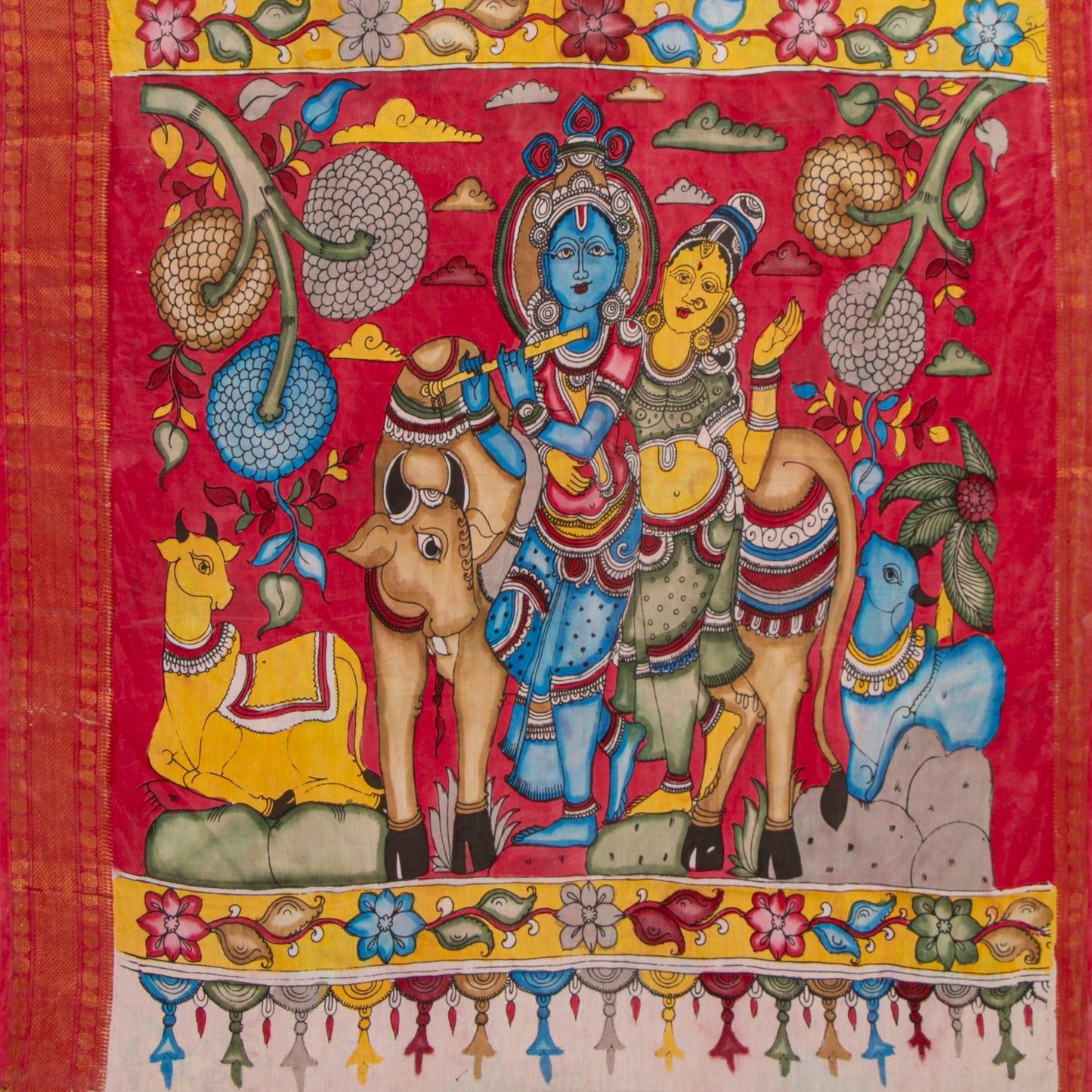 Off White And Red Kalamkari Mangalgiri Silk Saree For Festive Wear PK MS 80
