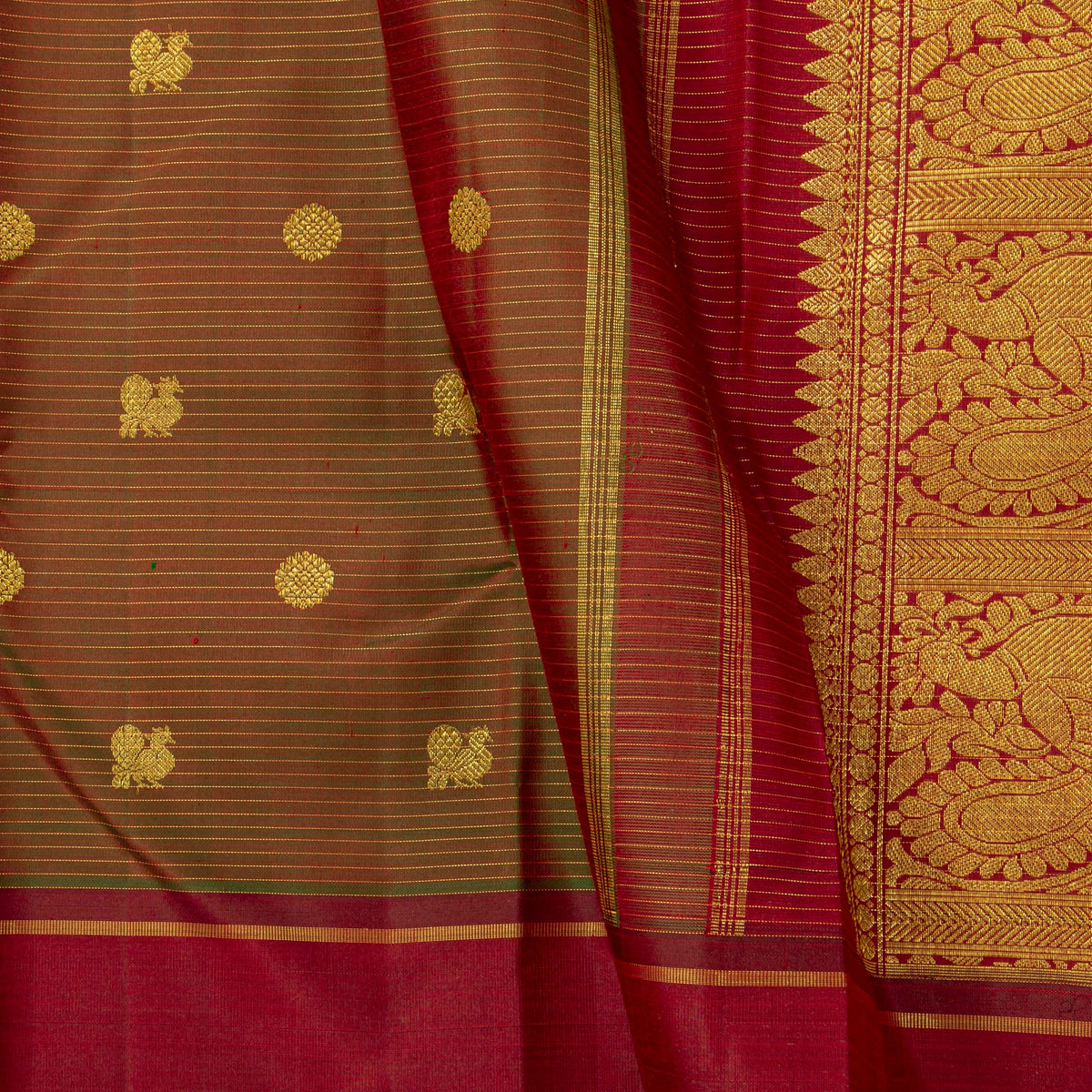 Manthulir Green And Red Kanchipuram Silk Saree For Festive Wear PV 2067