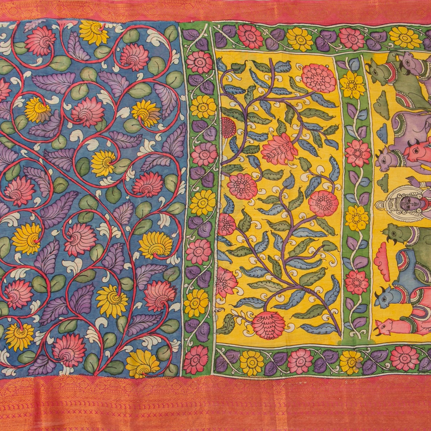 Blue And Pink Handpainted Kalamkari Mangalgiri Silk Saree For Festive Wear PK MS 81