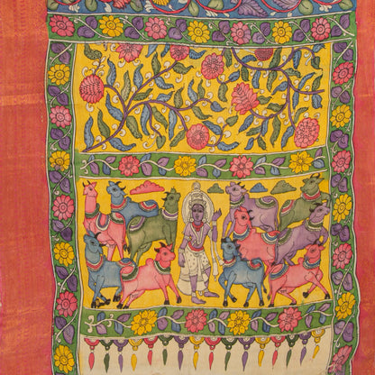 Blue And Pink Handpainted Kalamkari Mangalgiri Silk Saree For Festive Wear PK MS 81