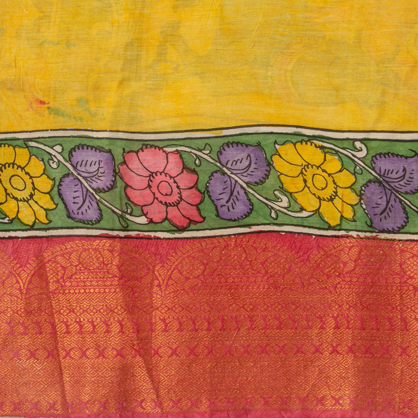 Blue And Pink Handpainted Kalamkari Mangalgiri Silk Saree For Festive Wear PK MS 81