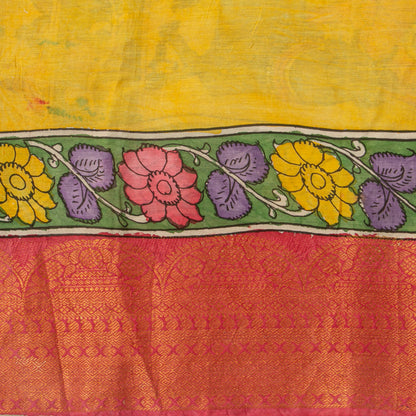 Blue And Pink Handpainted Kalamkari Mangalgiri Silk Saree For Festive Wear PK MS 81