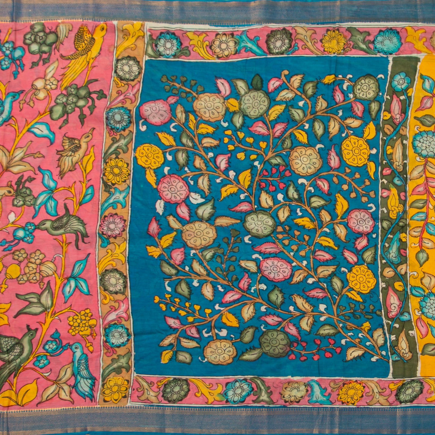 Pink And Blue Handpainted Kalamkari Mangalgiri Silk Saree With Zari Border For Festive Wear PK MS 76