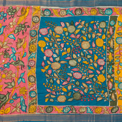 Pink And Blue Handpainted Kalamkari Mangalgiri Silk Saree With Zari Border For Festive Wear PK MS 76