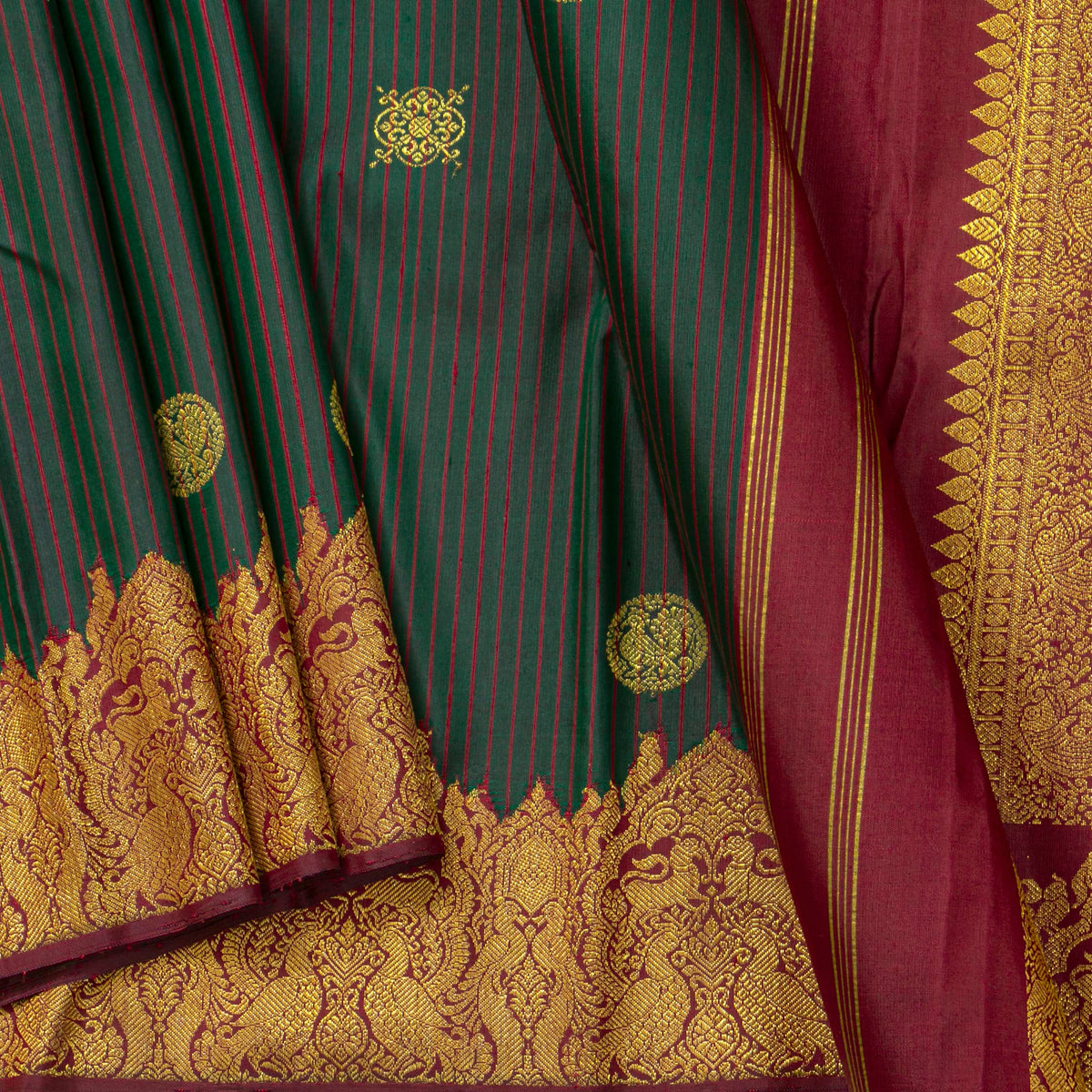 Green And Maroon Kanchipuram Silk Saree For Festive Wear PV NYC 2001