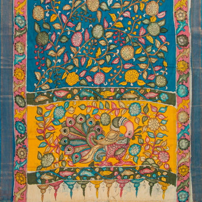 Pink And Blue Handpainted Kalamkari Mangalgiri Silk Saree With Zari Border For Festive Wear PK MS 76