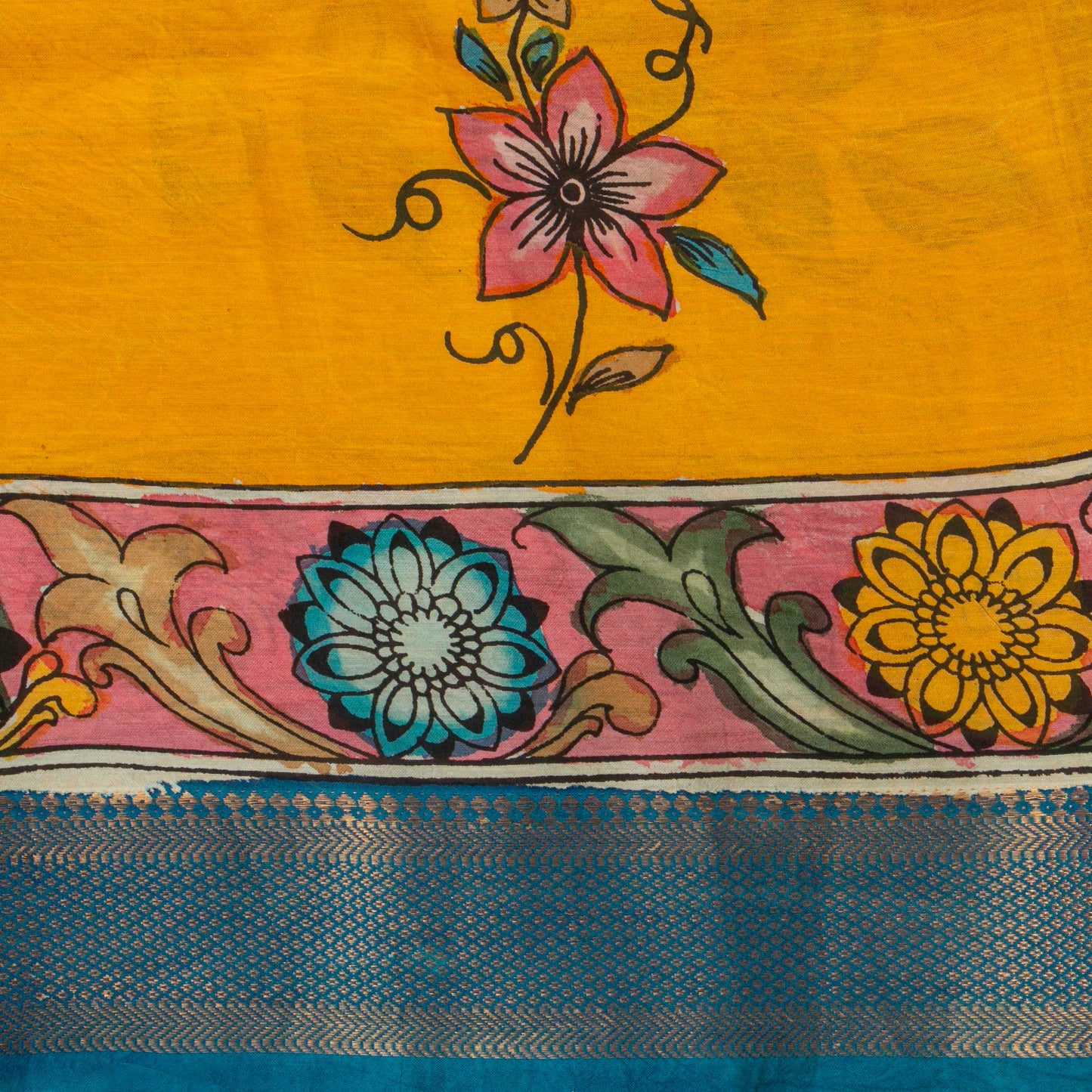 Pink And Blue Handpainted Kalamkari Mangalgiri Silk Saree With Zari Border For Festive Wear PK MS 76