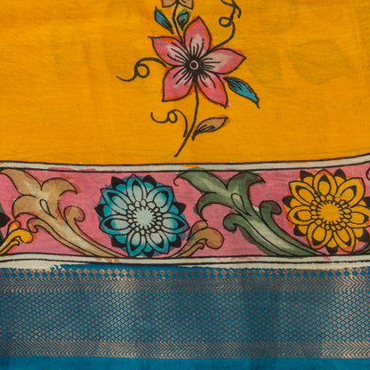 Pink And Blue Handpainted Kalamkari Mangalgiri Silk Saree With Zari Border For Festive Wear PK MS 76