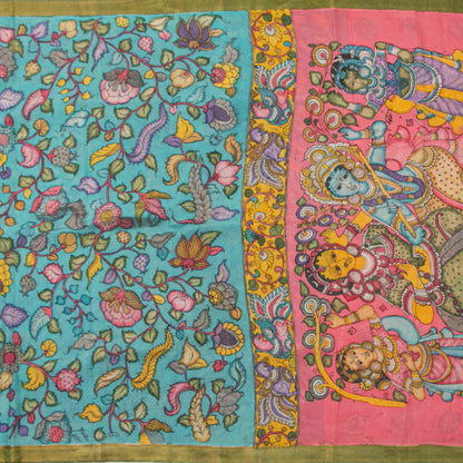 Sky Blue And Green Handpainted Kalamkari Mangalgiri Silk Saree With Zari Border PK MS 74