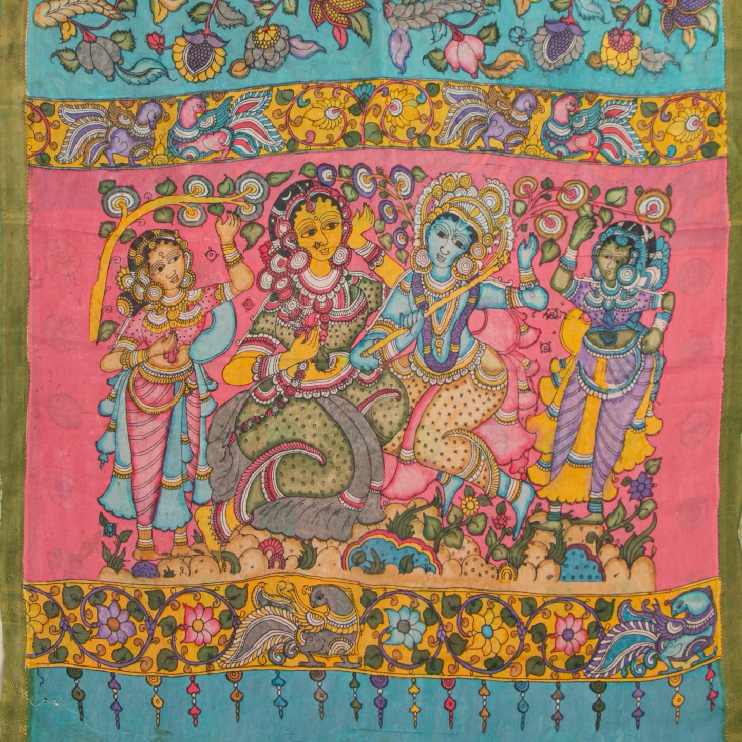 Sky Blue And Green Handpainted Kalamkari Mangalgiri Silk Saree With Zari Border PK MS 74
