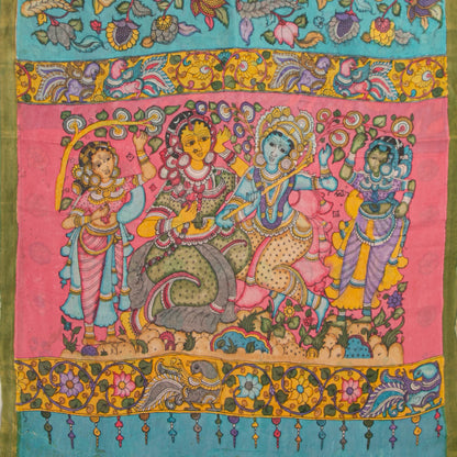 Sky Blue And Green Handpainted Kalamkari Mangalgiri Silk Saree With Zari Border PK MS 74