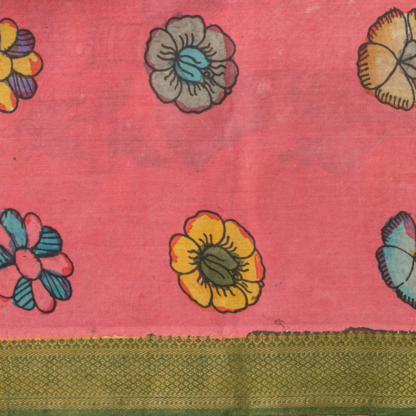 Sky Blue And Green Handpainted Kalamkari Mangalgiri Silk Saree With Zari Border PK MS 74