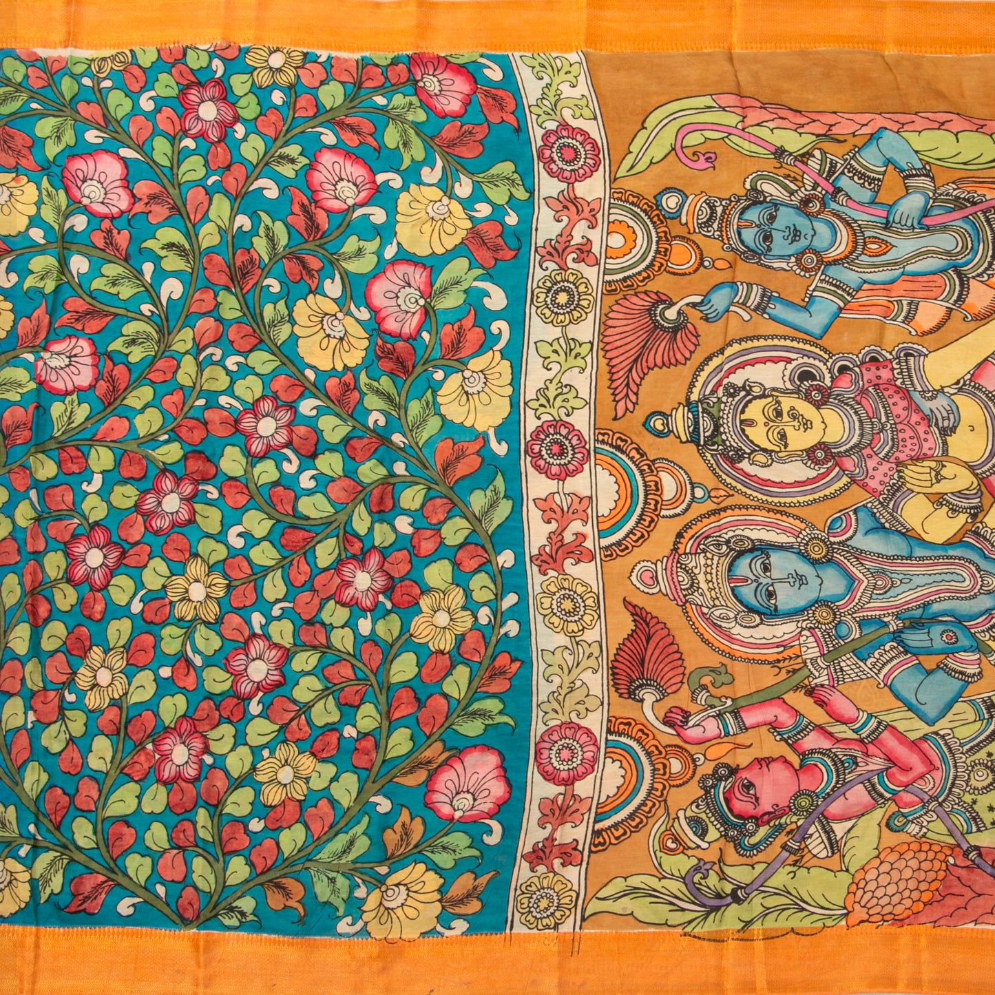 Blue Handpainted Kalamkari Mangalgiri Silk Saree For Festive Wear PK MS 72
