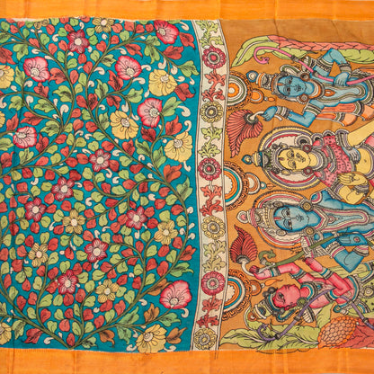 Blue Handpainted Kalamkari Mangalgiri Silk Saree For Festive Wear PK MS 72