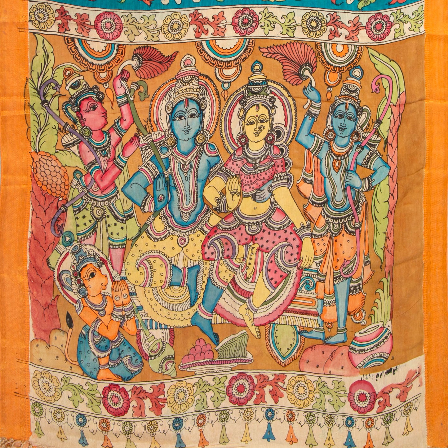 Blue Handpainted Kalamkari Mangalgiri Silk Saree For Festive Wear PK MS 72