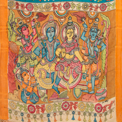 Blue Handpainted Kalamkari Mangalgiri Silk Saree For Festive Wear PK MS 72