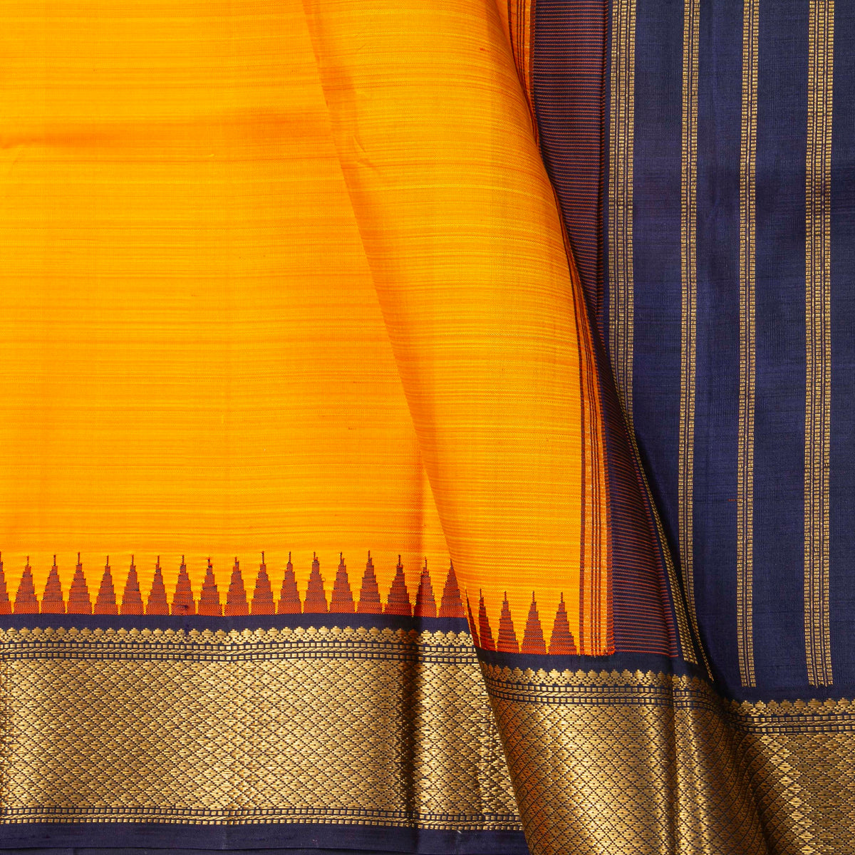 Yellow And Navy Blue Kanchipuram Silk Saree For Festive  Wear PV NYC 1958