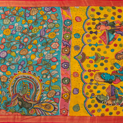Blue And Pink Handpainted Kalamkari Mangalgiri Silk Saree With Zari Border For Festive Wear PK MS 73
