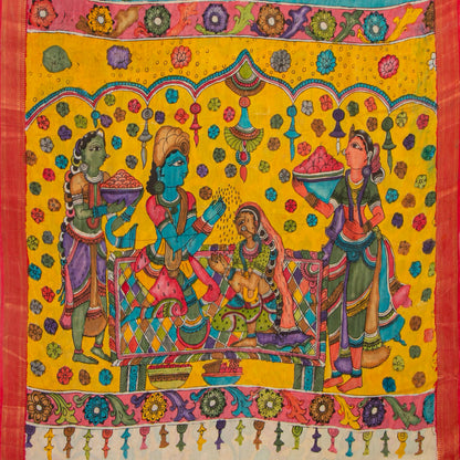 Blue And Pink Handpainted Kalamkari Mangalgiri Silk Saree With Zari Border For Festive Wear PK MS 73