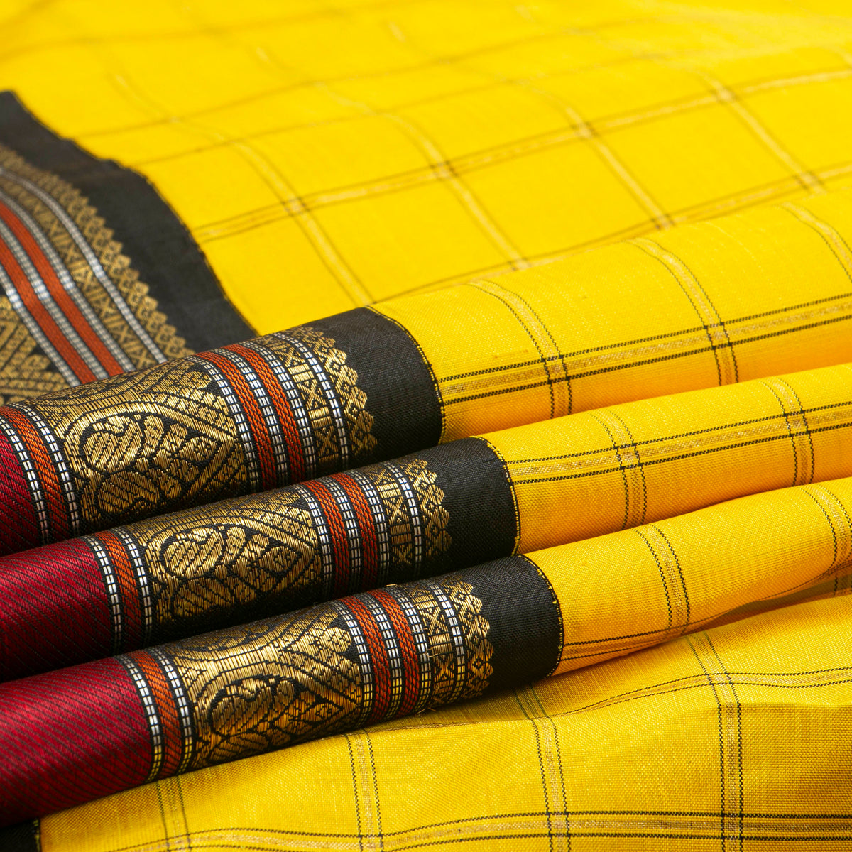 Yellow And Black Kanchipuram Silk Saree For Festive Wear PV NYC 1973
