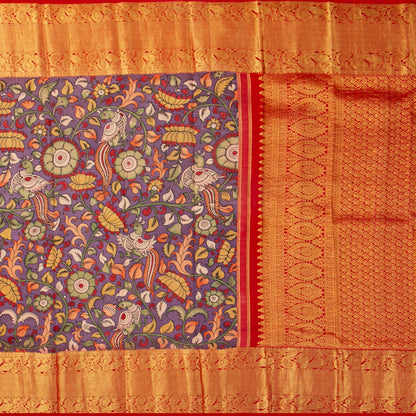 Mauve And Red Handpainted Kalamkari Kanchipuram Silk Saree For Festive Wear SRK KK 106