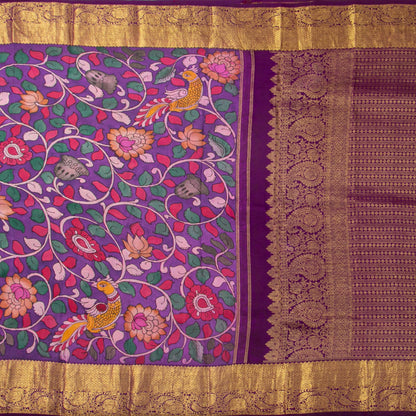 Purple Handpainted Kalamkari Kanchipuram Silk Saree For Festive Wear SRK KK 109