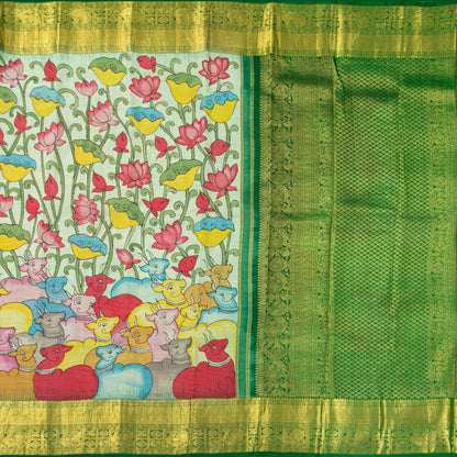 Aqua Blue And Green Handpainted Kalamkari Kanchipuram Silk Saree For Festive Wear SRK KK 107