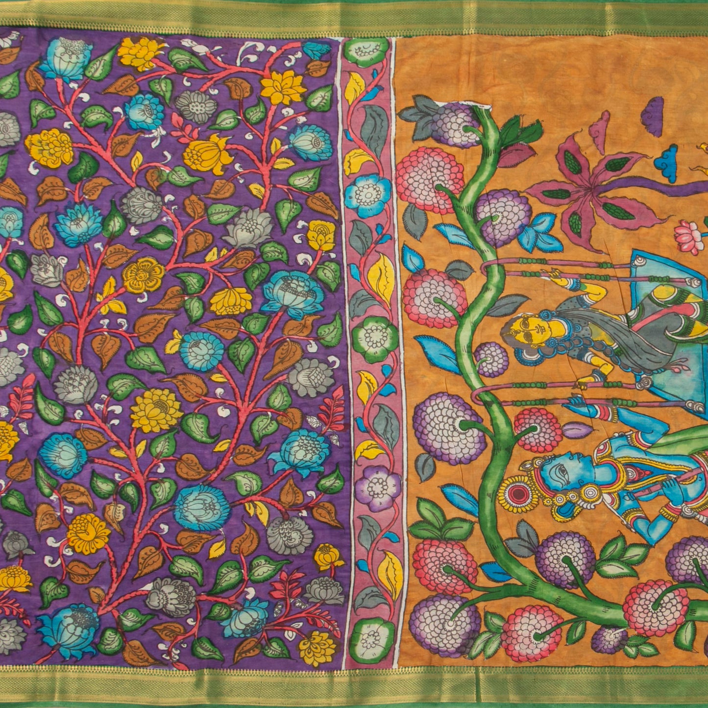 Purple And Green Handpainted Kalamkari Mangalgiri Silk Saree With Zari Border For Festive Wear PK MS 71