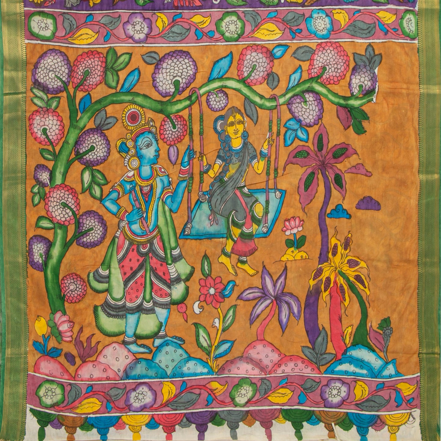 Purple And Green Handpainted Kalamkari Mangalgiri Silk Saree With Zari Border For Festive Wear PK MS 71