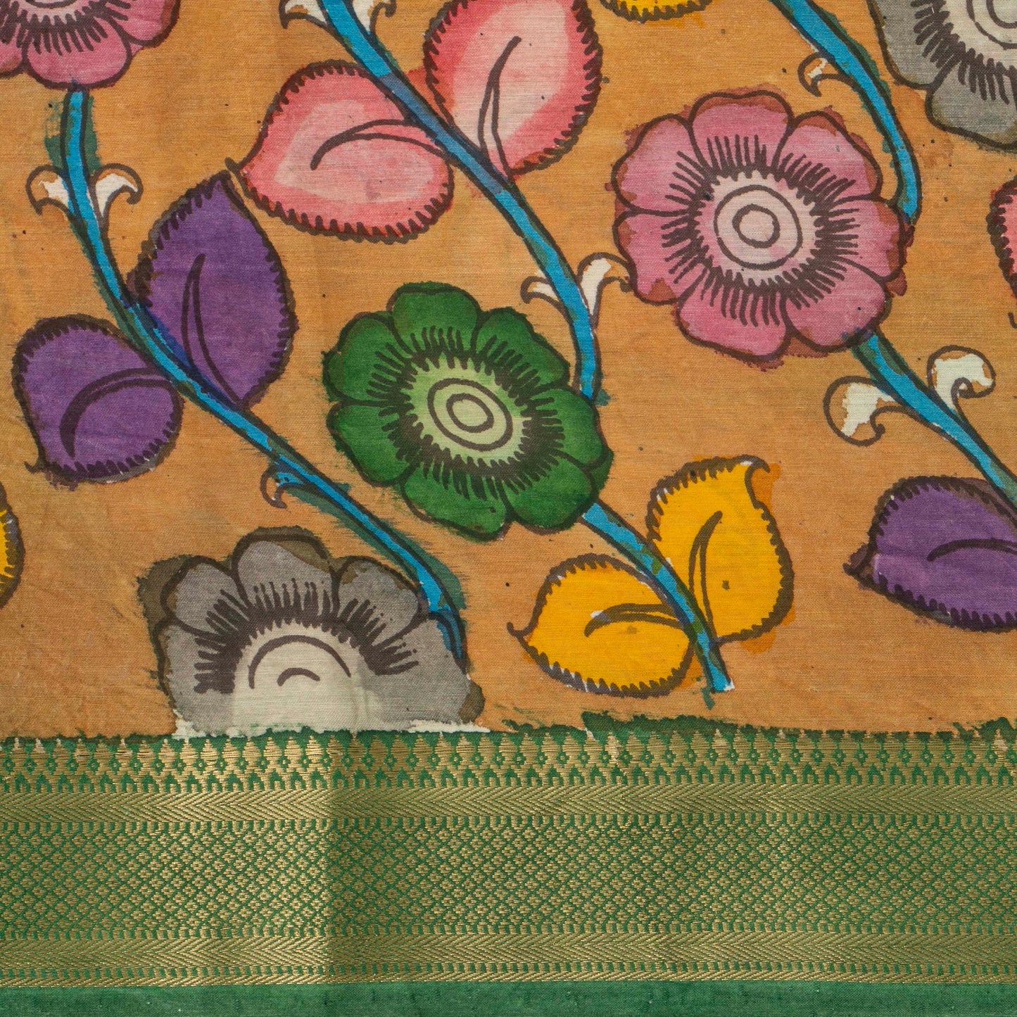 Purple And Green Handpainted Kalamkari Mangalgiri Silk Saree With Zari Border For Festive Wear PK MS 71