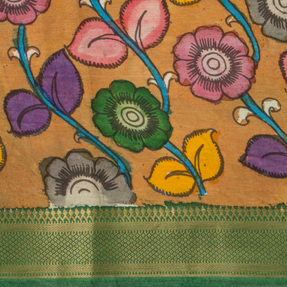 Purple And Green Handpainted Kalamkari Mangalgiri Silk Saree With Zari Border For Festive Wear PK MS 71