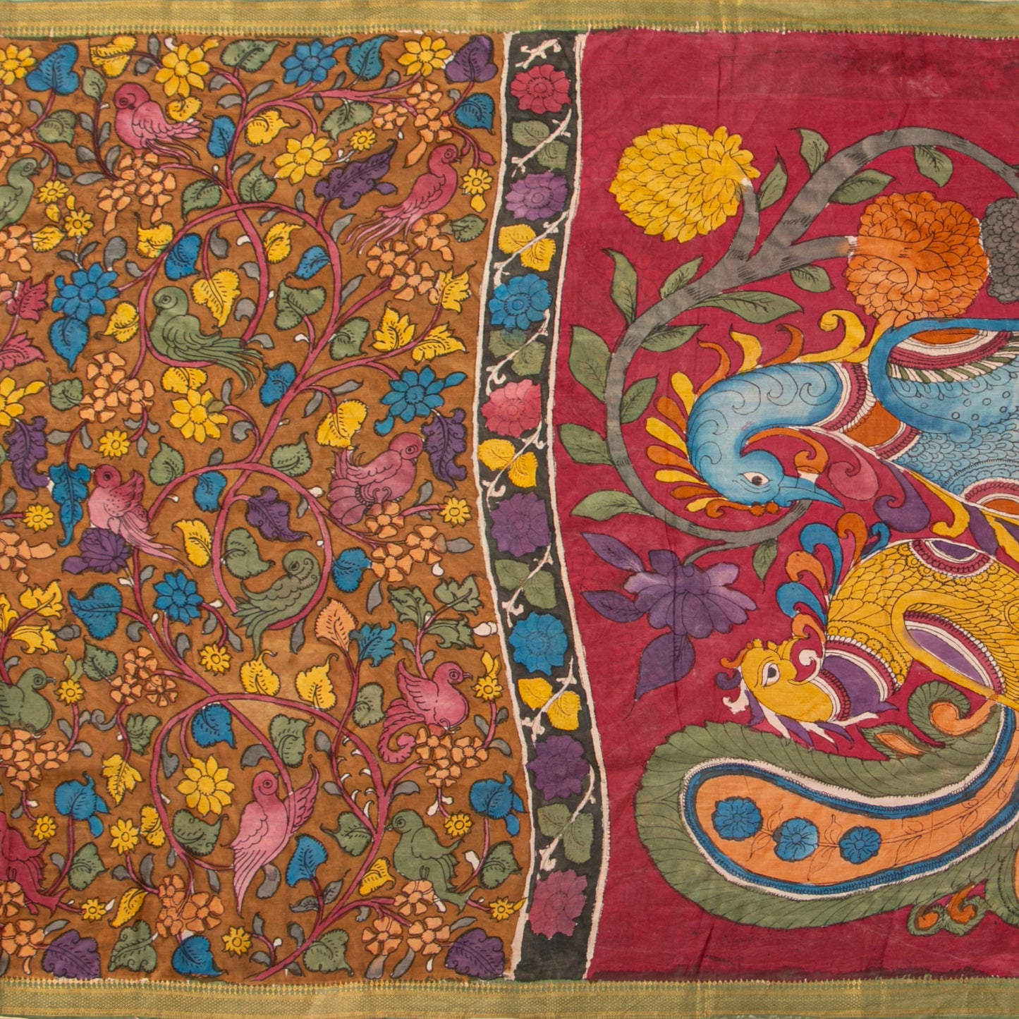 Brown And Green Handpainted Kalamkari Mangalgiri Silk Saree With Zari Border For Office Wear PKMS 70