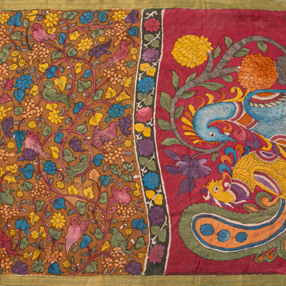 Brown And Green Handpainted Kalamkari Mangalgiri Silk Saree With Zari Border For Office Wear PKMS 70