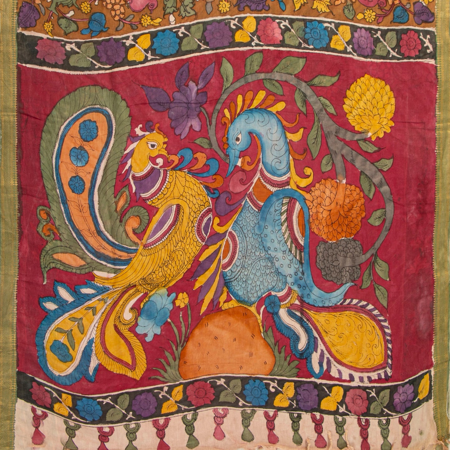 Brown And Green Handpainted Kalamkari Mangalgiri Silk Saree With Zari Border For Office Wear PKMS 70